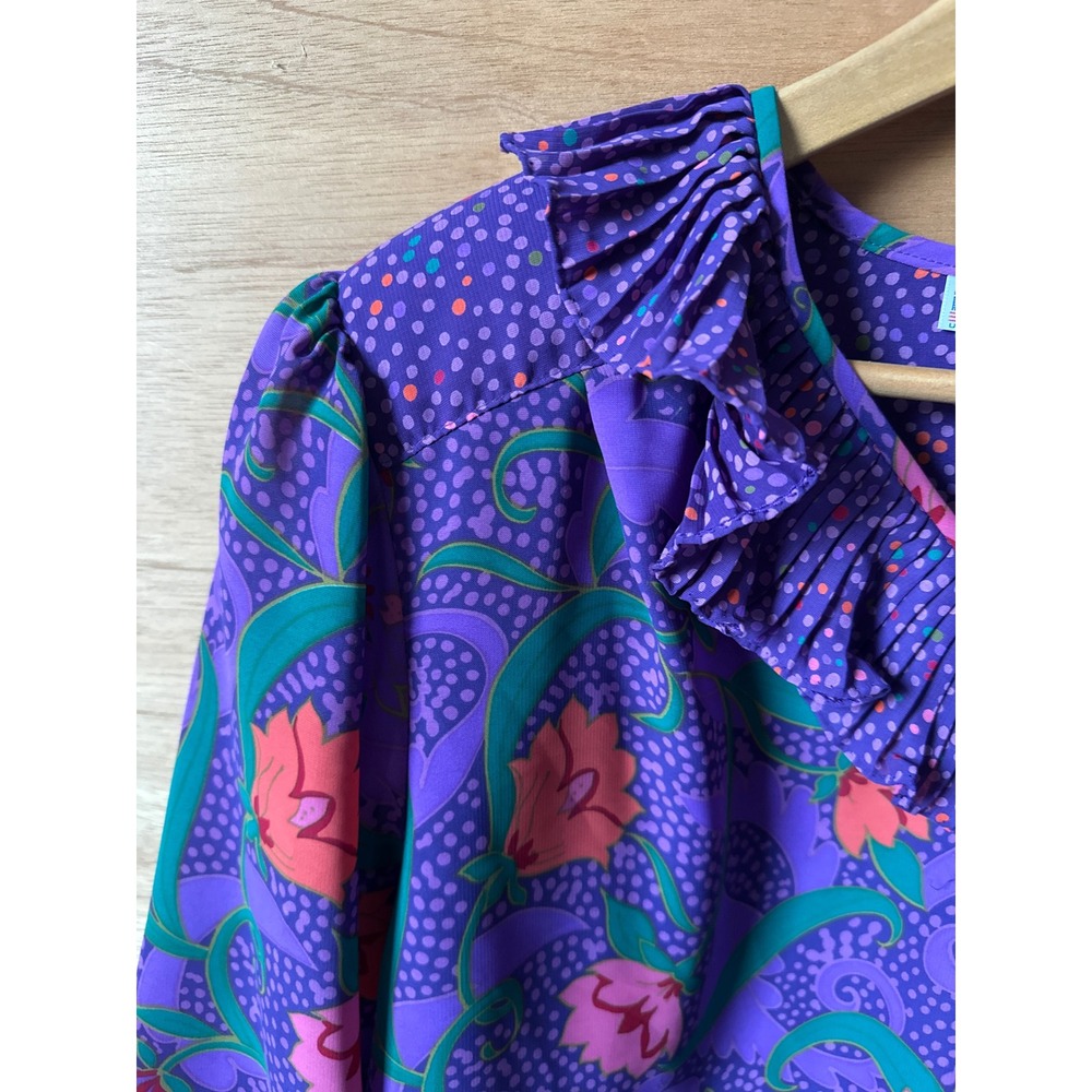 VTG Assorti for Susan Freis Vintage Purple Floral Ruffle Neck Blouse Women's M - Picture 4 of 4